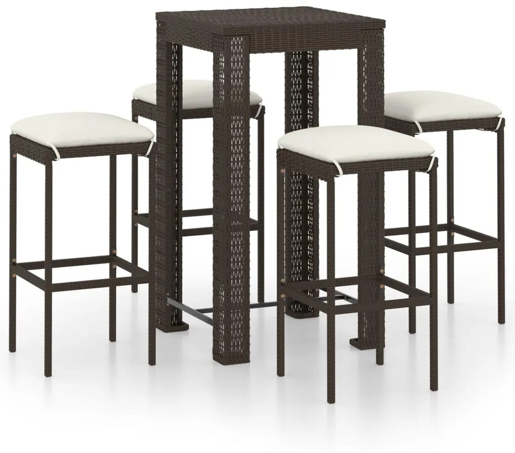 Set da bar da giardino 5 pz con cuscini in polyrattan marrone