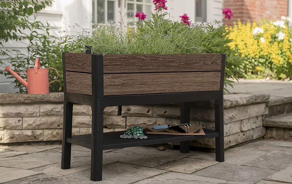 Orto Rialzato Rettangolare 113x48x79,5 cm Keter Deco Elevated Garden Bed Marrone Effetto Legno Noce...