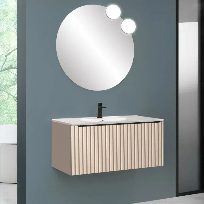Mobile bagno sospeso 100 cm cappuccino cannettato con cassetto, specchio e lavabo Nara