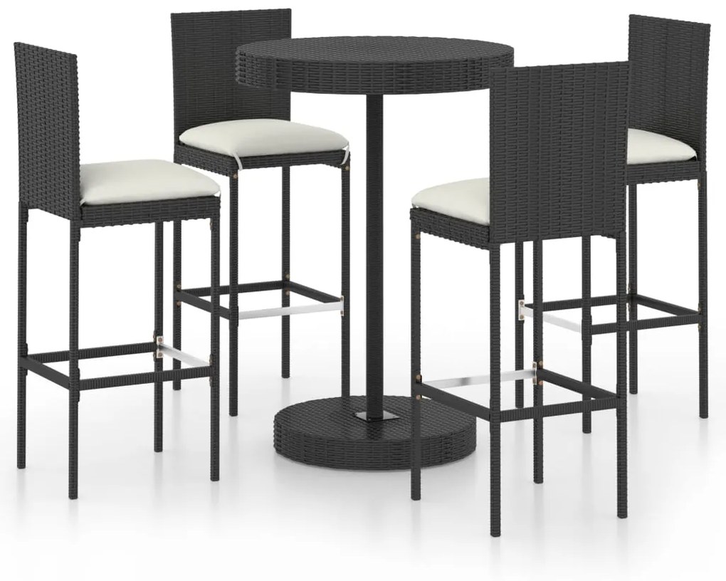 Set bar da giardino 5 pz con cuscini polyrattan nero