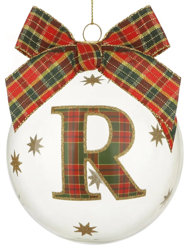 Pallina Natale con lettera R 10 cm tartan