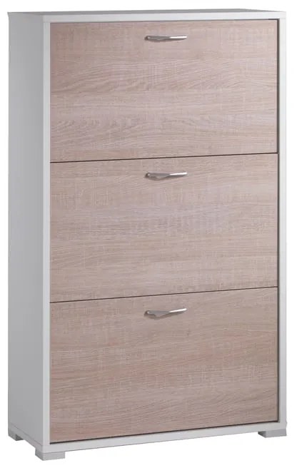 Scarpiera 3 ante doppia profondità L 67 x H 112 x P 28 cm 18 paia, bianco e rovere naturale