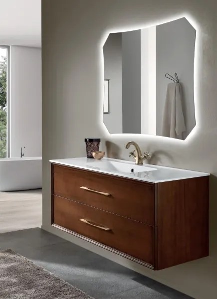 Mobile da bagno sospeso moderno base 120 CLASSIC con 2 cassetti e lavabo, NOCE CHIARO