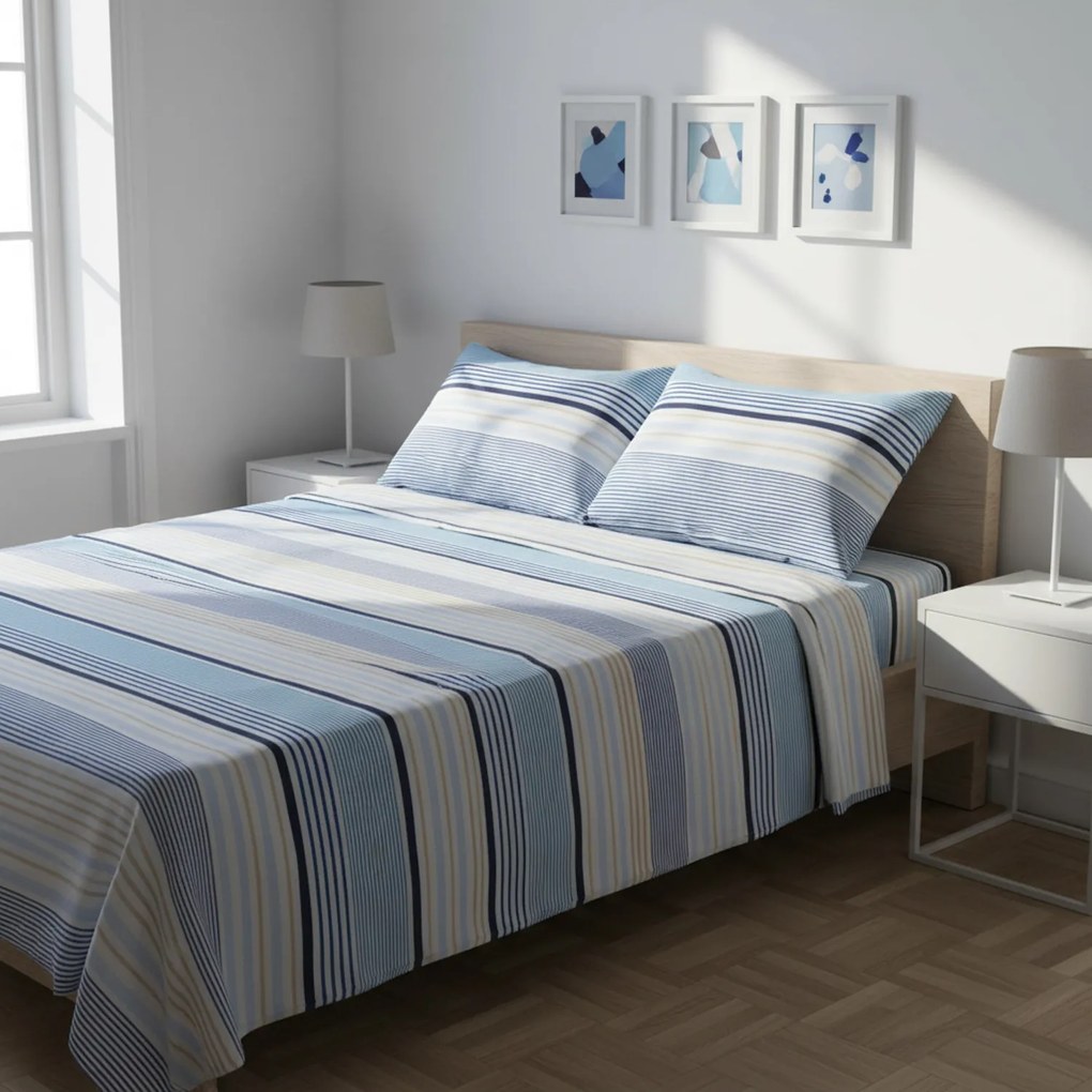 Completo letto matrimoniale righe blu azzurre
