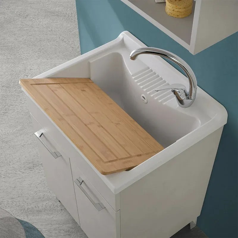 Mobile lavatoio 60x50 cm grigio calce vasca in resina e kit di scarico Moon