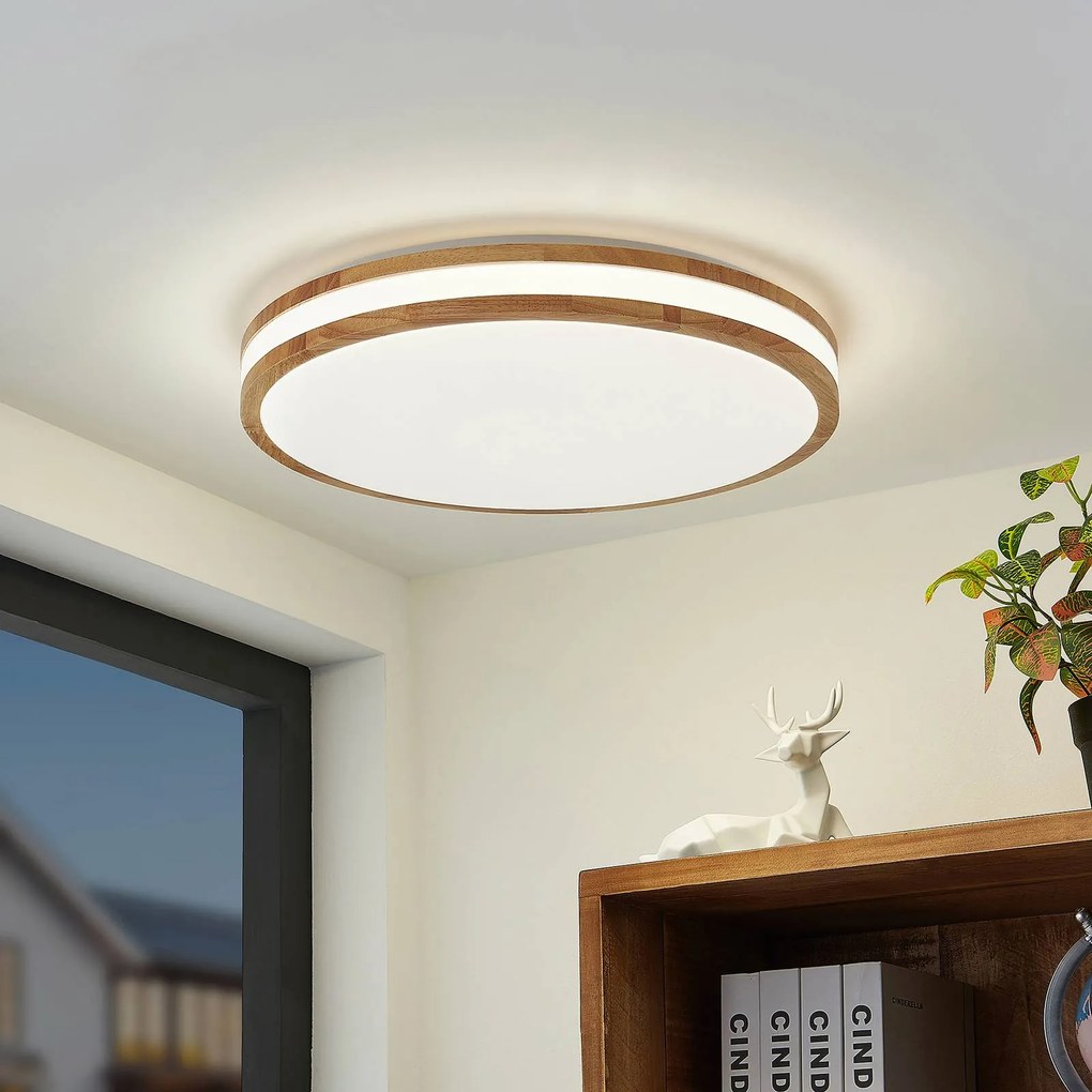 Plafoniera LED Lindby Emiva, 50 cm, CCT, telecomando, legno