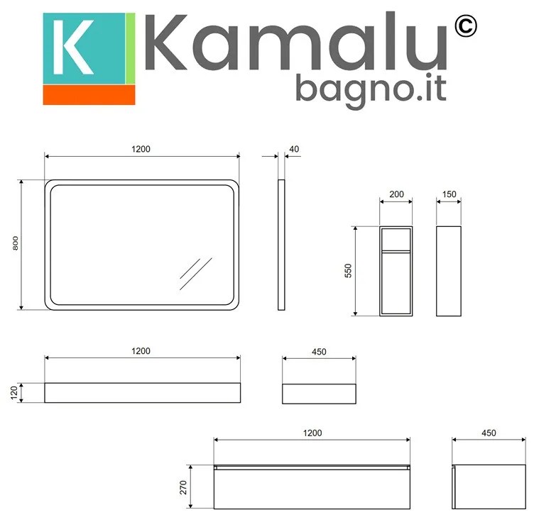 Kamalu - composizione bagno sospesa mobile e mensolone da 120cm | kam-kk1201