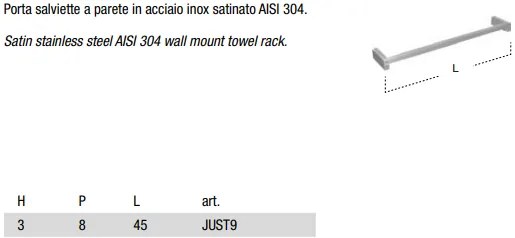 Antonio Lupi Just9 Portasalviette a parete 45 cm in acciaio Inox satinato