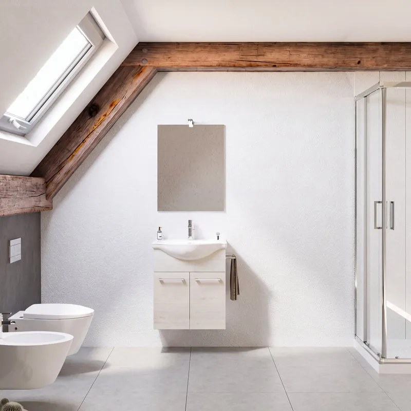 Mobile bagno sospeso Ginevra con lavabo e specchio L 53.6 x H 61 x P 30 cm Rovere Ice 2 ante con specchio a led
