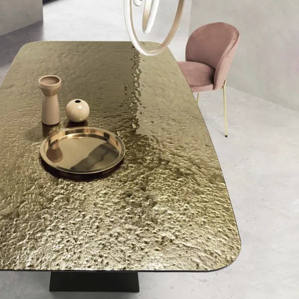 Tavolo fisso 210 cm KARL con base metallo Nero e piano vetro martellato Bronzo