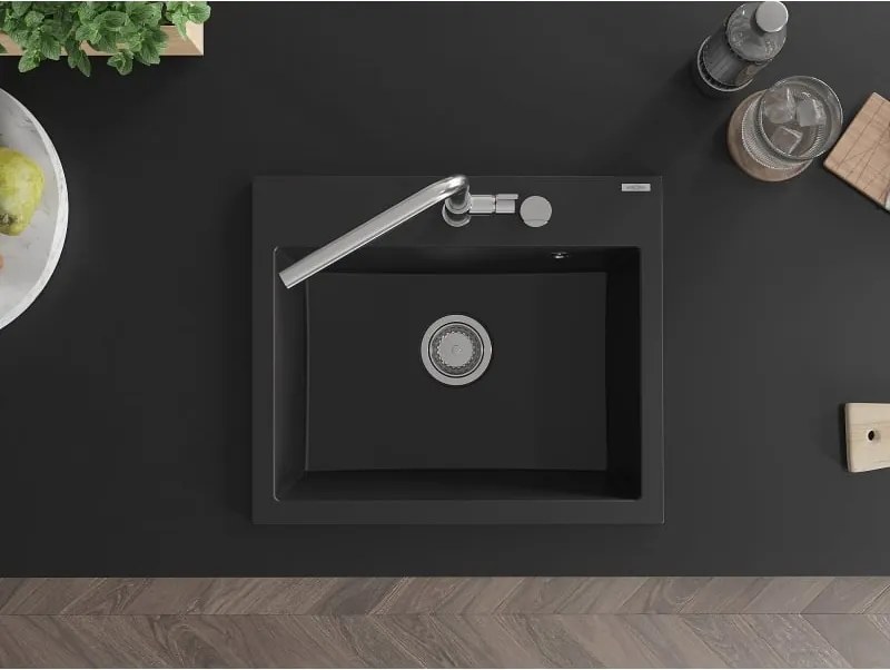 Mexen Oscar lavello da cucina in granito a 1 vasca 580 x 490 mm, nero, sifone cromato - 6519581000-77