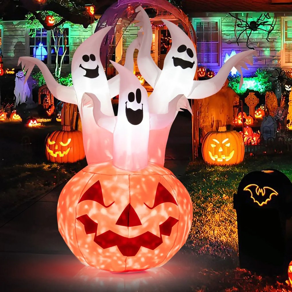 Costway Gonfiabile di Halloween tre Fantasmi bianchi con zucca, Decorazione con luci LED integrate lampada rotante