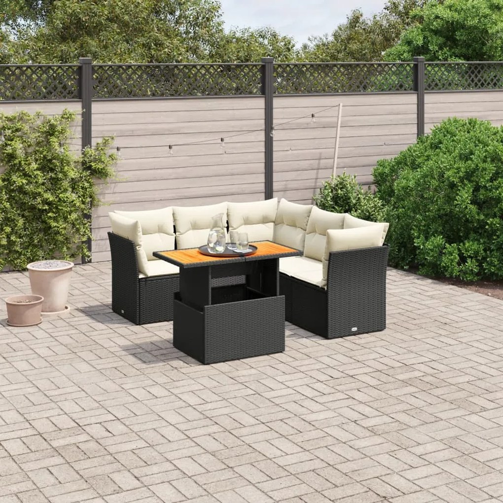 Set divani da giardino 5 pz con cuscini in polyrattan nero