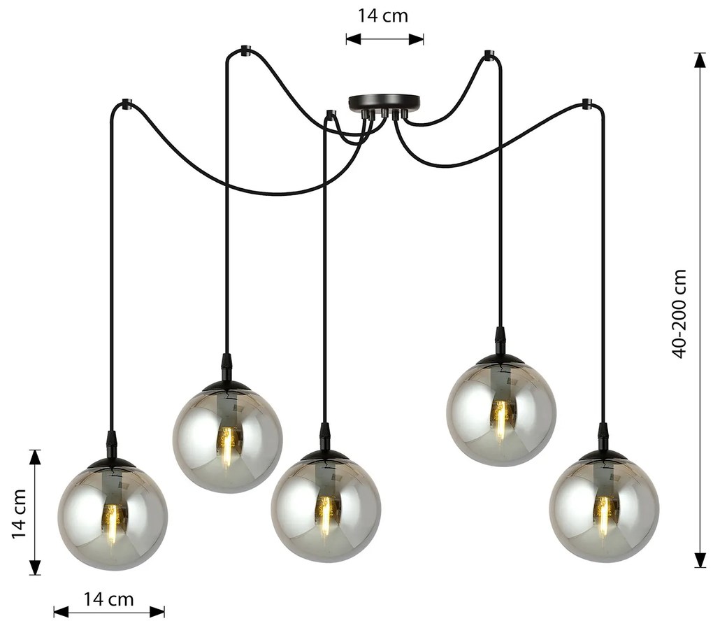 Lampadario 5 Luci Ginevra In Acciaio Nero Con Cavo Lungo E Vetri Fumè