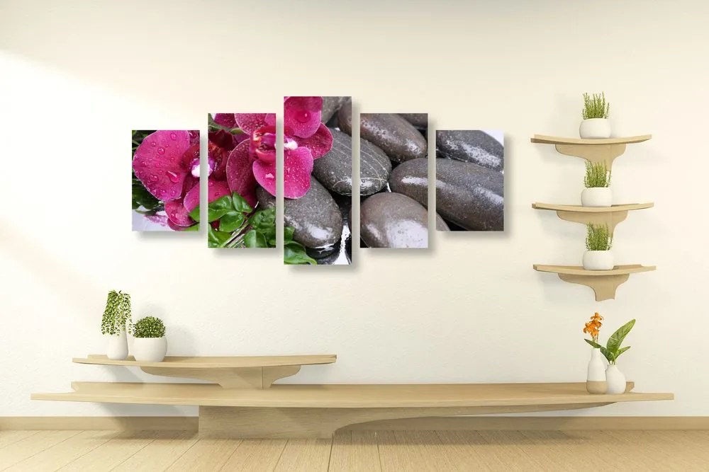 Quadri 5 pezzi – Orchidea fiorita e pietre wellness