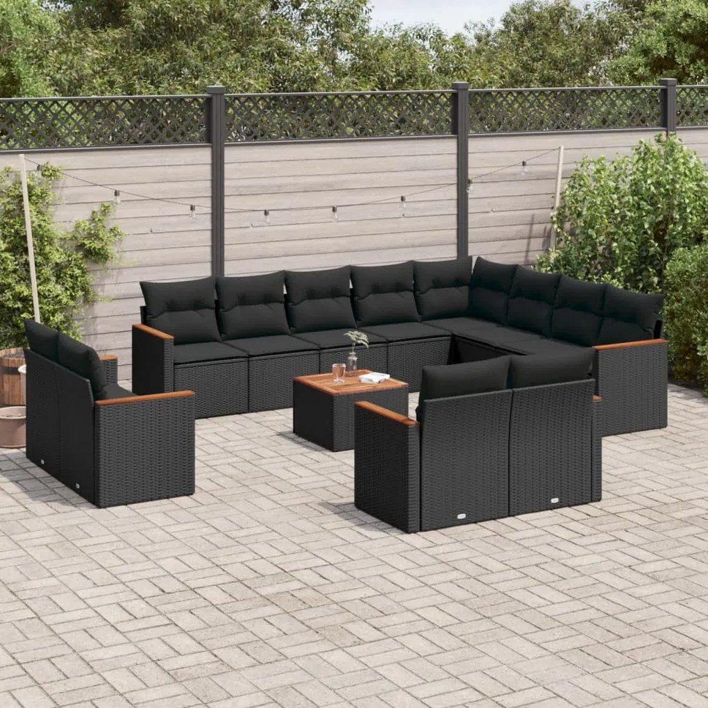 Set divani da giardino 13pz con cuscini nero in polyrattan