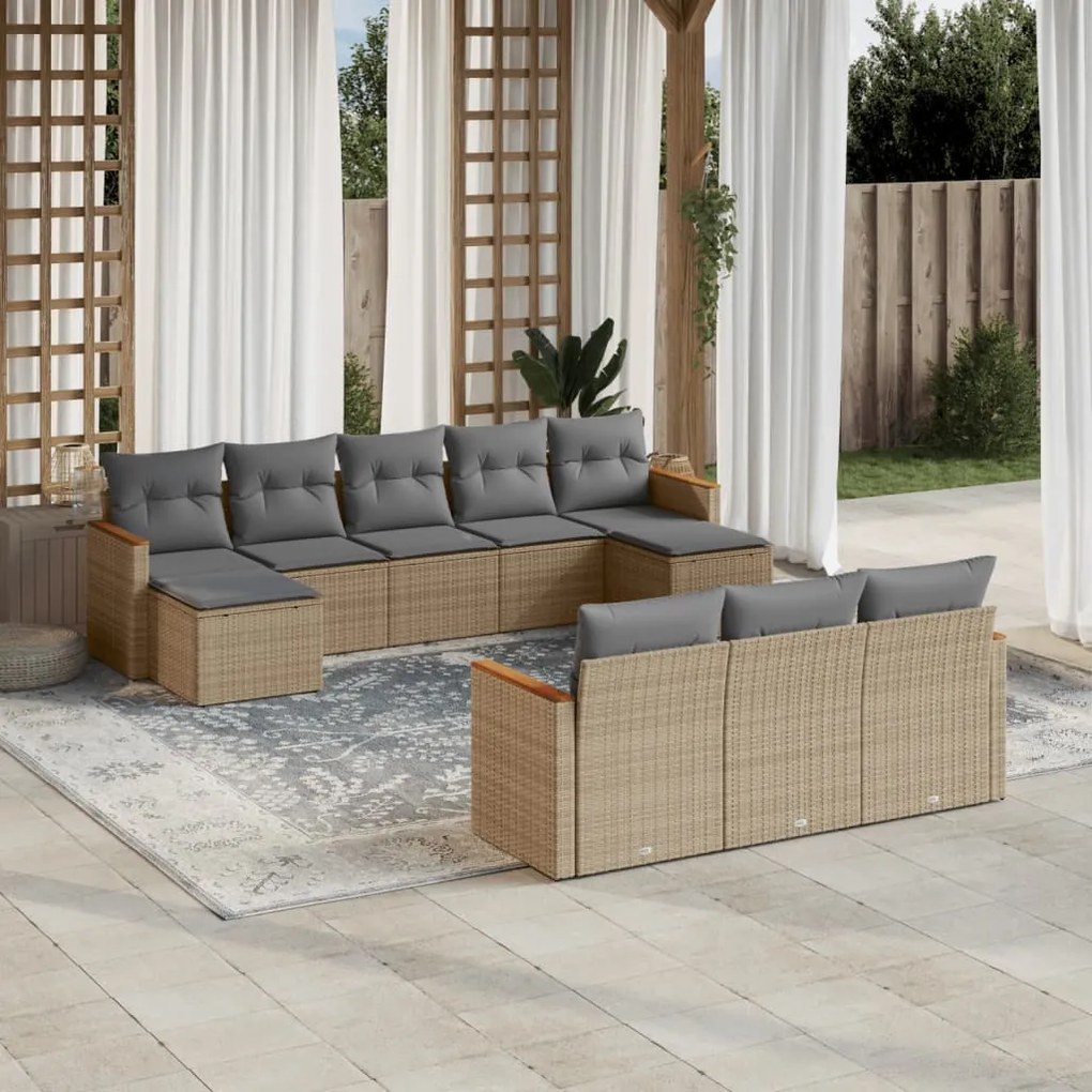 Set divano da giardino 10 pz con cuscini beige in polyrattan