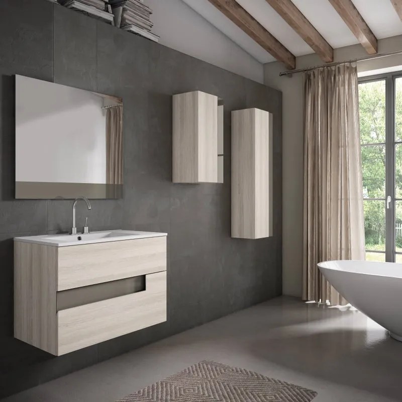 Mobile da bagno sotto lavabo VISOBATH VISION betulla e tortora laccato opaco L 80 x H 55 x P 45 cm 2 cassetti, lavabo non incluso