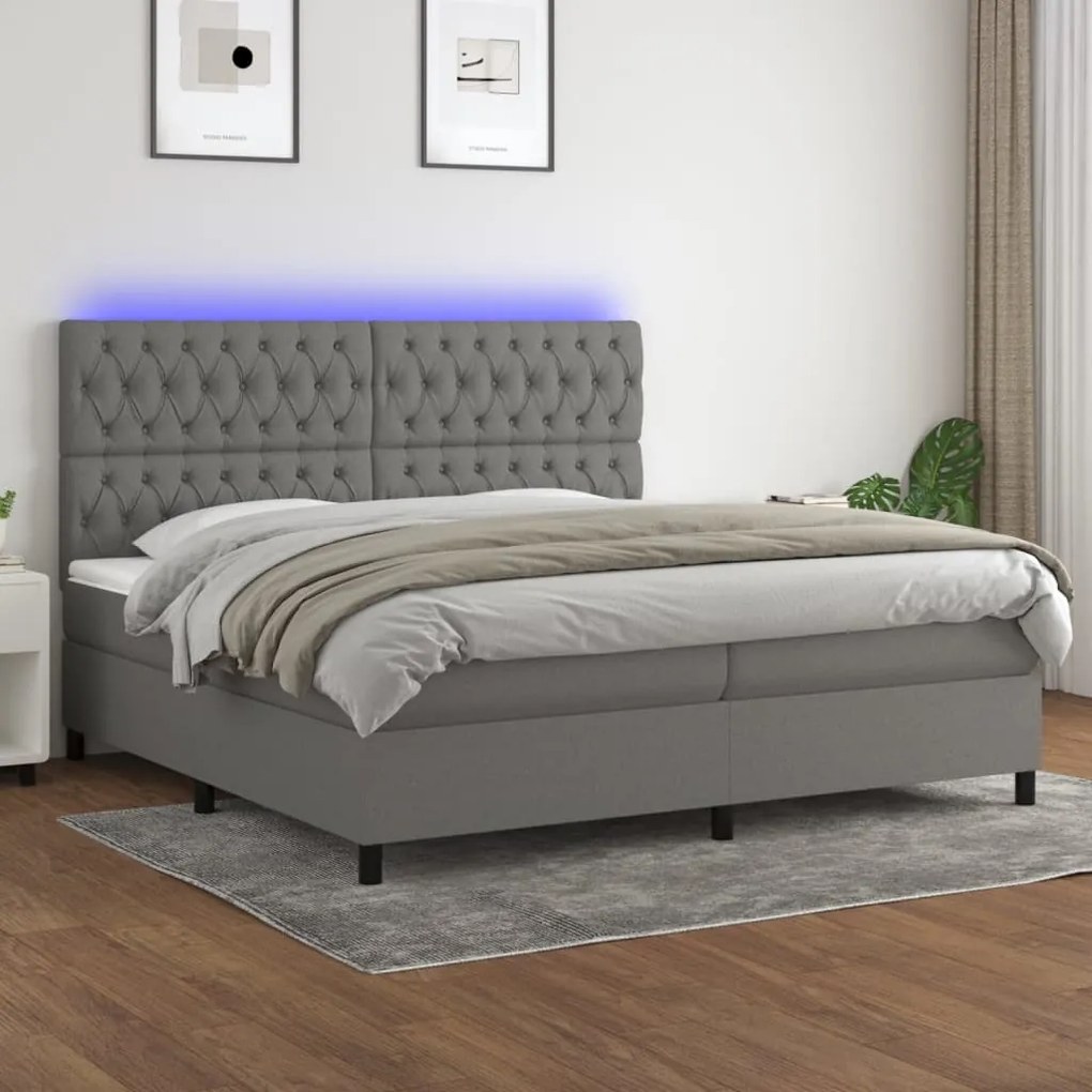 Letto a molle materasso e led grigio scuro 200x200cm in tessuto