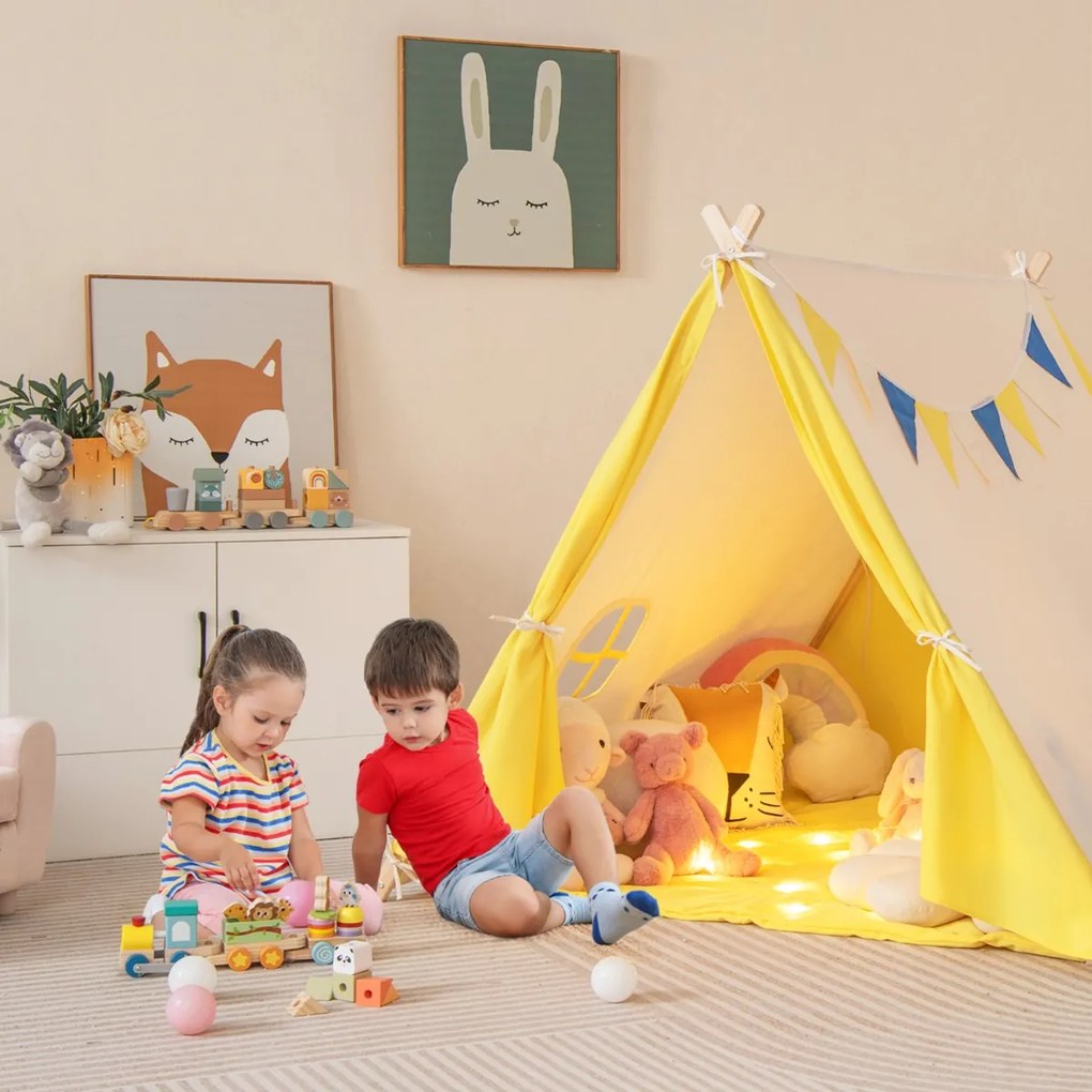 Costway Tenda da gioco per bambini con struttura in legno massiccio, Casa triangolare con bandiere decorative Beige