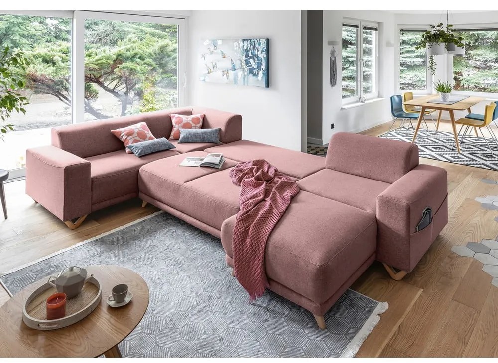 Divano angolare rosa allungabile e con contenitore (penisola a sinistra/a U) Classy Sophie – Miuform
