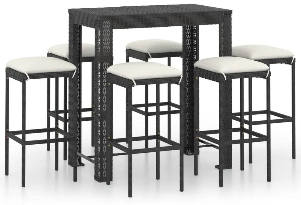 Set Bar da Giardino 7 pz con Cuscini in Polyrattan Nero