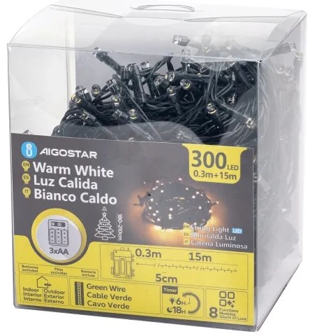 Aigostar-Catena LED natalizia da esterno 300xLED/8 funzioni 3xAA 15,3m IP44 bianco caldo