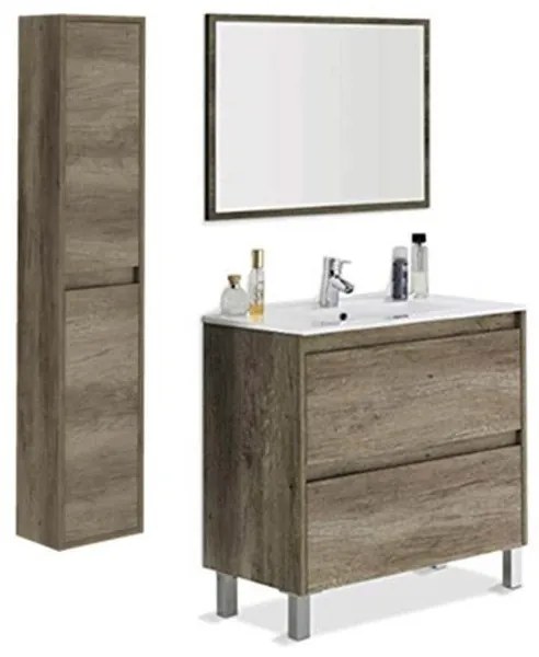 Mobile bagno 80 cm con colonna, lavabo e specchio rovere - Dakota 94611