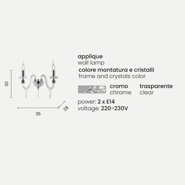 Applique DIDO in vetro trasparente lavorato a mano Cromo 35x33 cm