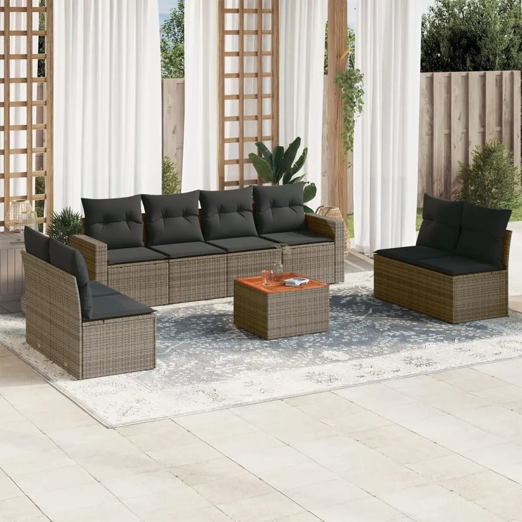 Set divano da giardino 9 pz con cuscini grigio in polyrattan