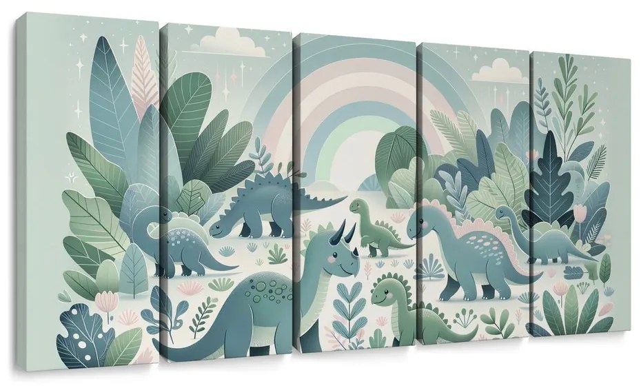 Quadri 5 pezzi – Mondo dei dinosauri con arcobaleno e giungla verde