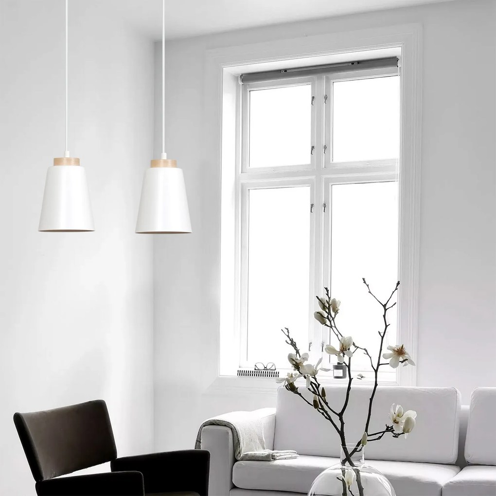 Sospensione 1 Luce Lancillotto A Cono In Acciaio Bianco E Legno Naturale