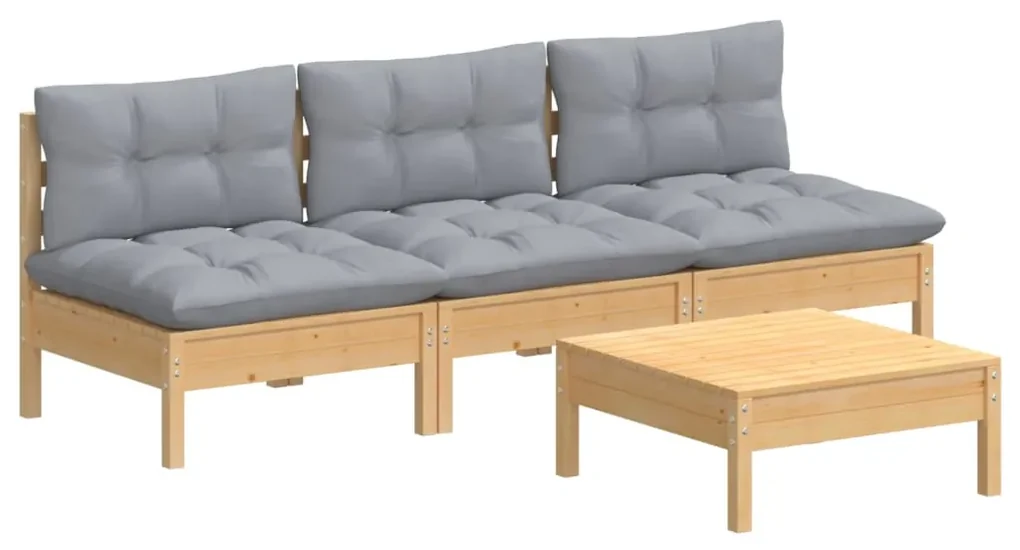 Set divani da giardino 4 pz con cuscini grigi massello di pino