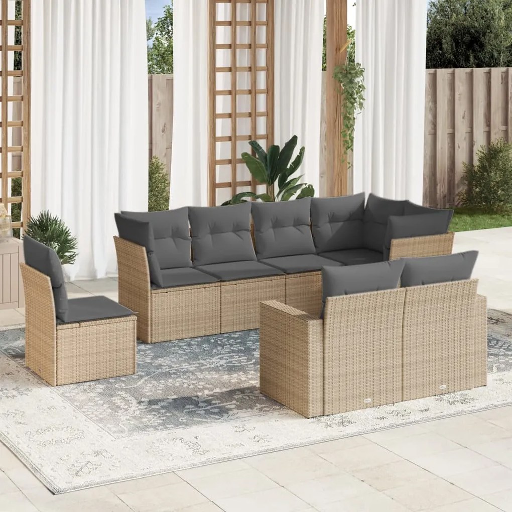 Set Divano da Giardino 8 pz con Cuscini Beige in Polyrattan