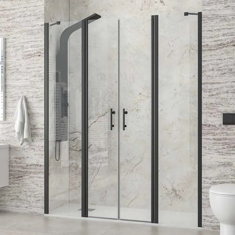 Kamalu - Porta doccia 180 cm colore nero doppio battente e ante fisse | KPX7000N