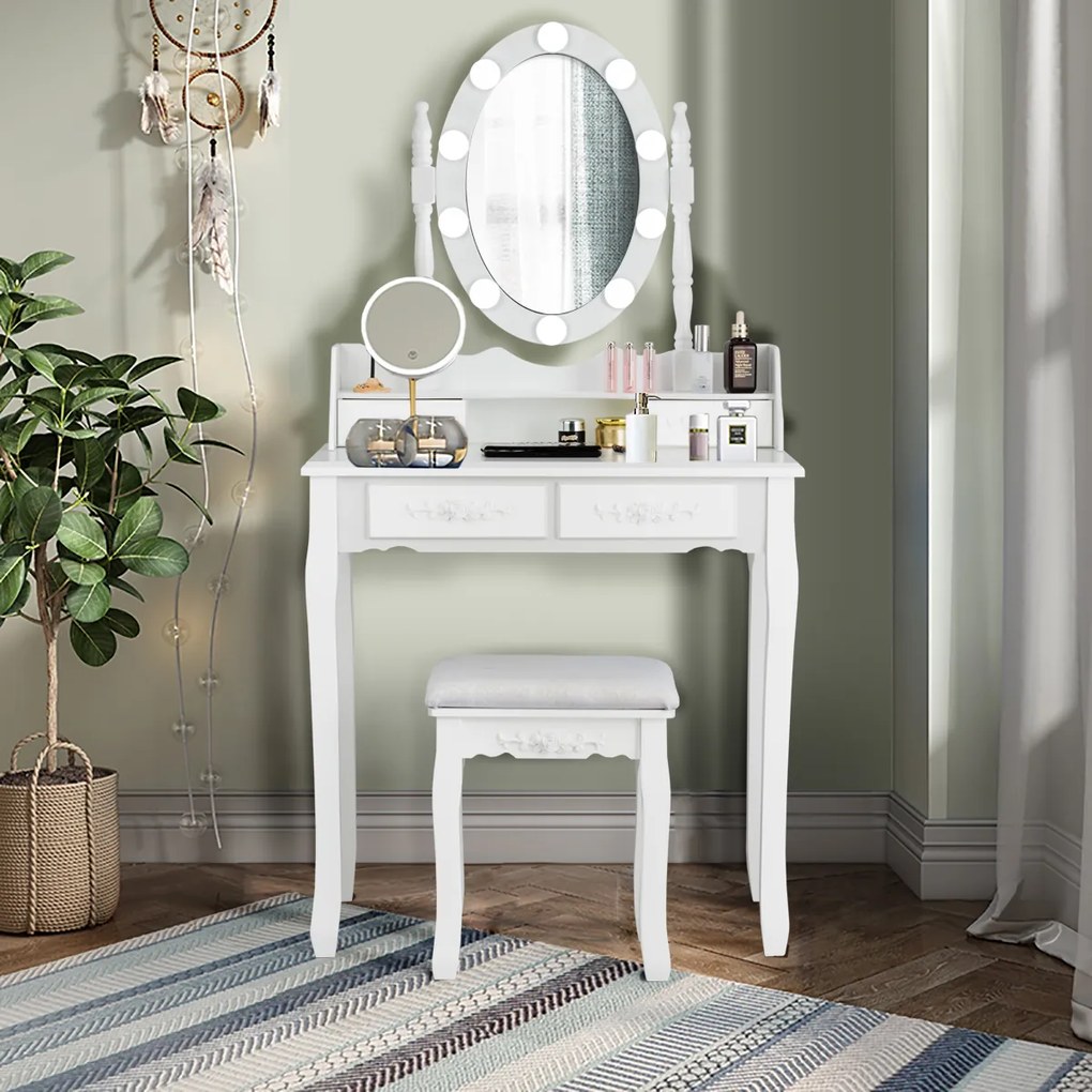 Costway Set tavolo toeletta con 10 luci LED e specchio ovale, Tavolo da trucco con 4 cassetti e sgabello imbottito Bianco