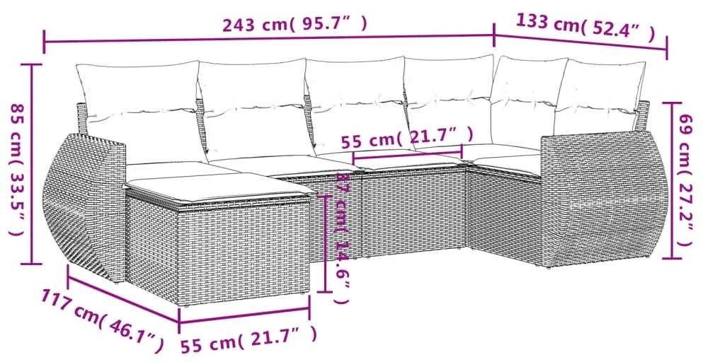 Set divano da giardino 6 pz con cuscini beige in polyrattan