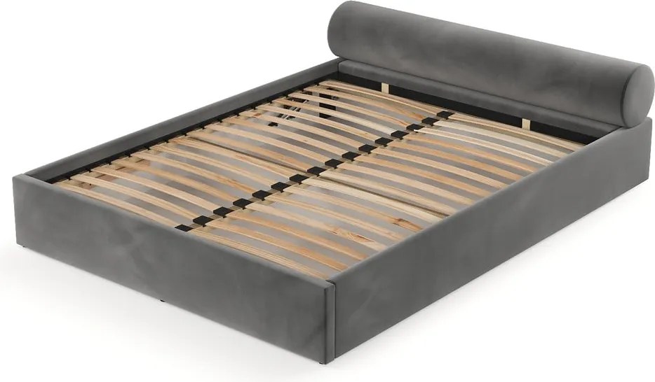 Letto matrimoniale imbottito grigio scuro con contenitore e rete inclusi 140x200 cm Solvo – Maison de Rêve