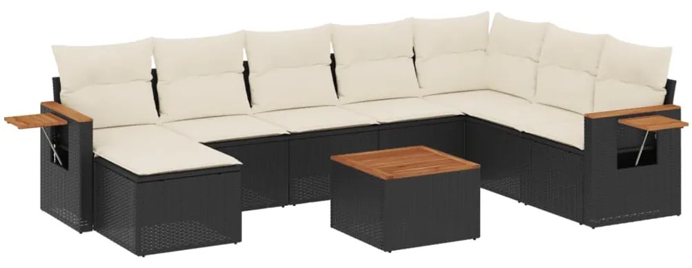 Set divani da giardino 9 pz con cuscini nero in polyrattan