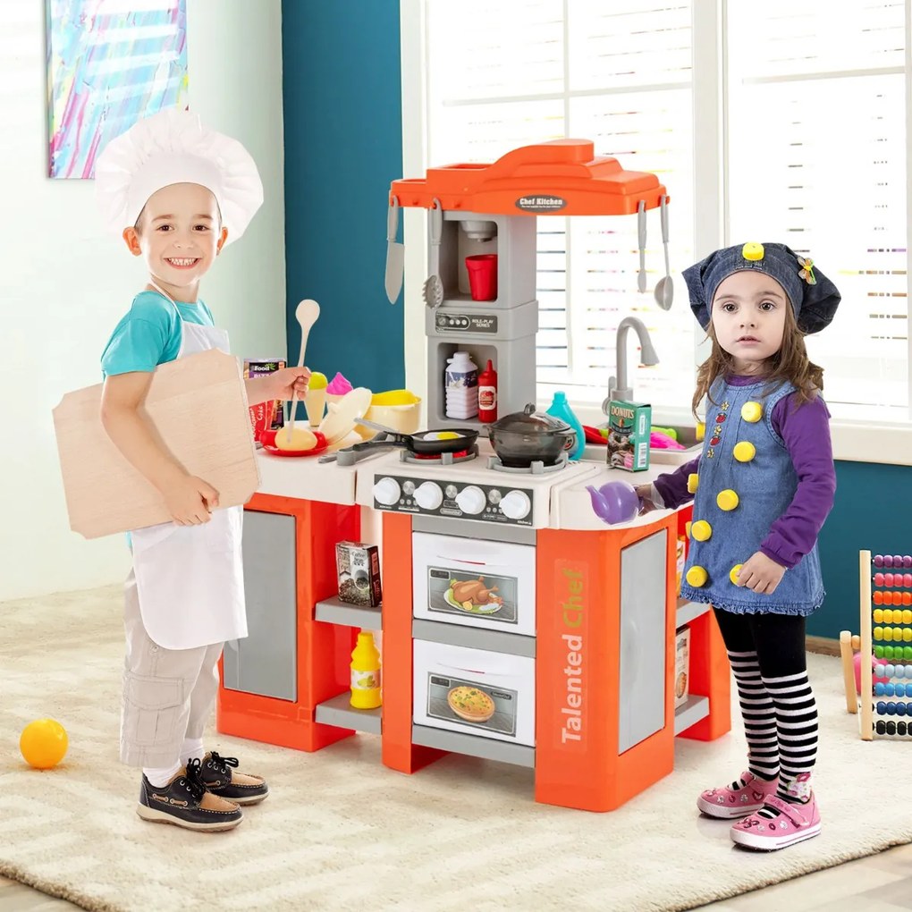 Costway Cucina per bambini con accessori di cibo e utensili effetti sonori, Cucina per bambini vapore e bollitura 38 pcs 2 Colori