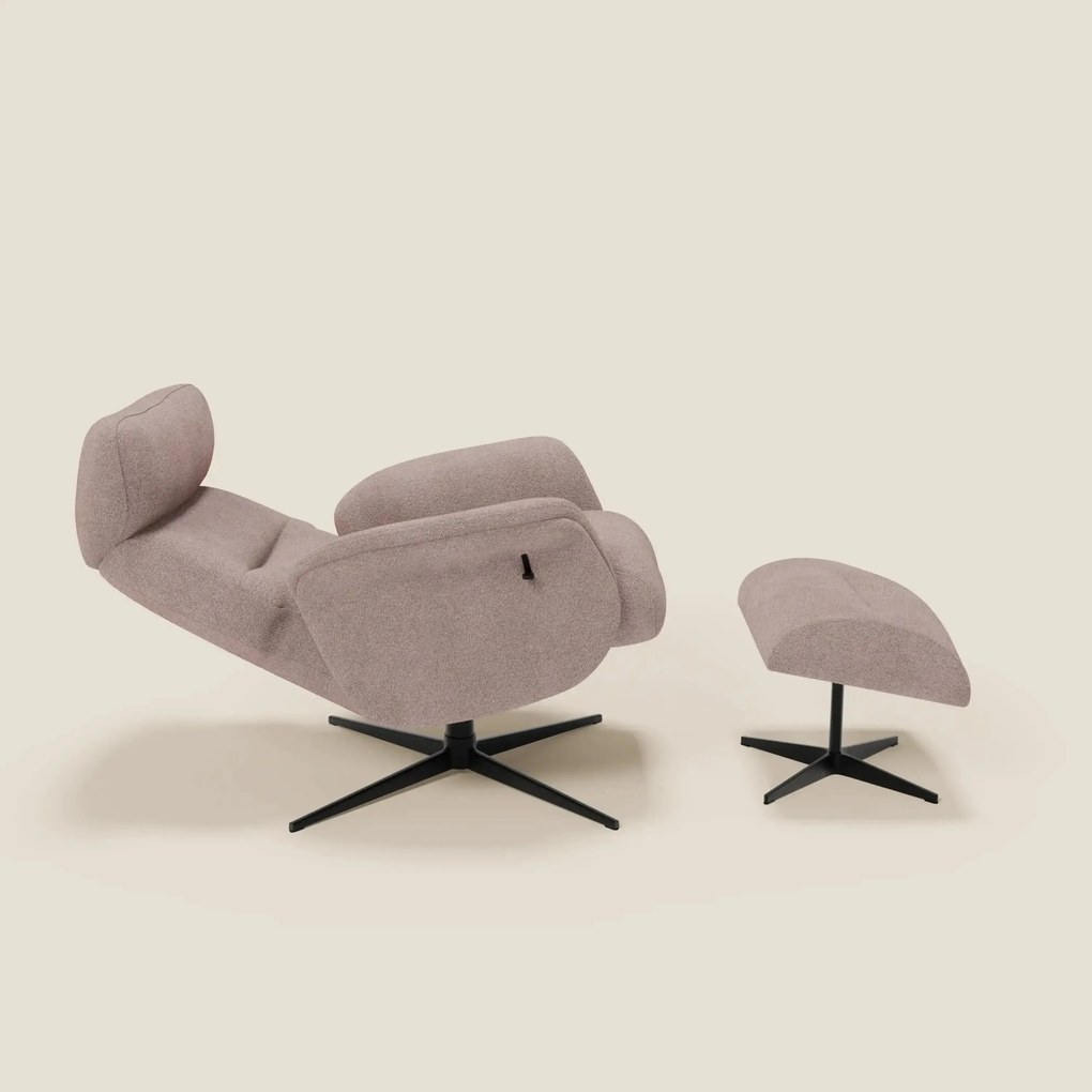Lunor Poltrona relax reclinabile con pouf poggia-piedi in tessuto bouclé impermeabile T07 rosa