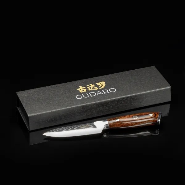 Gudaro - Coltello da cucina in acciaio damascato FENG 3,5", 67 strati d'acciaio, lunghezza 9,5 cm
