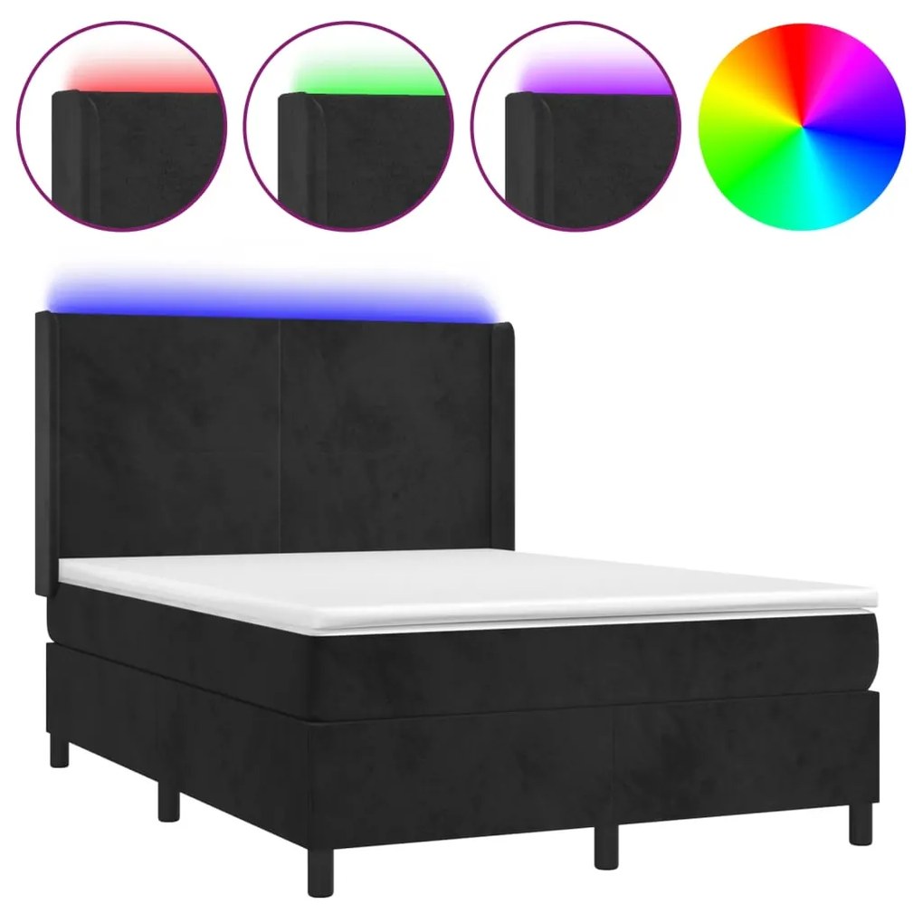 Letto a molle con materasso e led nero 140x200 cm in velluto