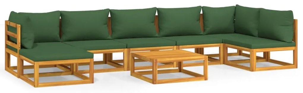 Set salotto da giardino 8pz con cuscini verdi in legno massello