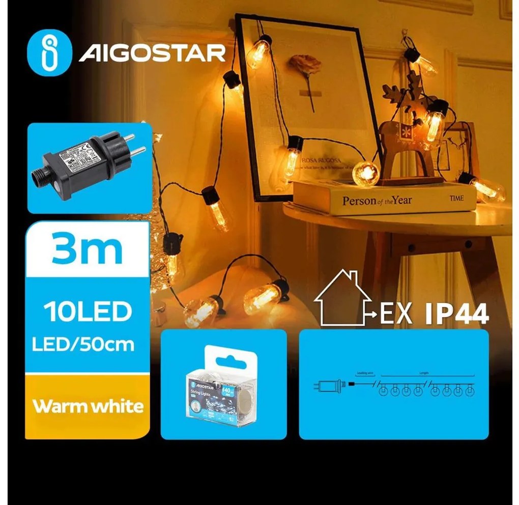 Aigostar - Catena decorativa da esterno LED 10xLED/3m IP44 bianco caldo