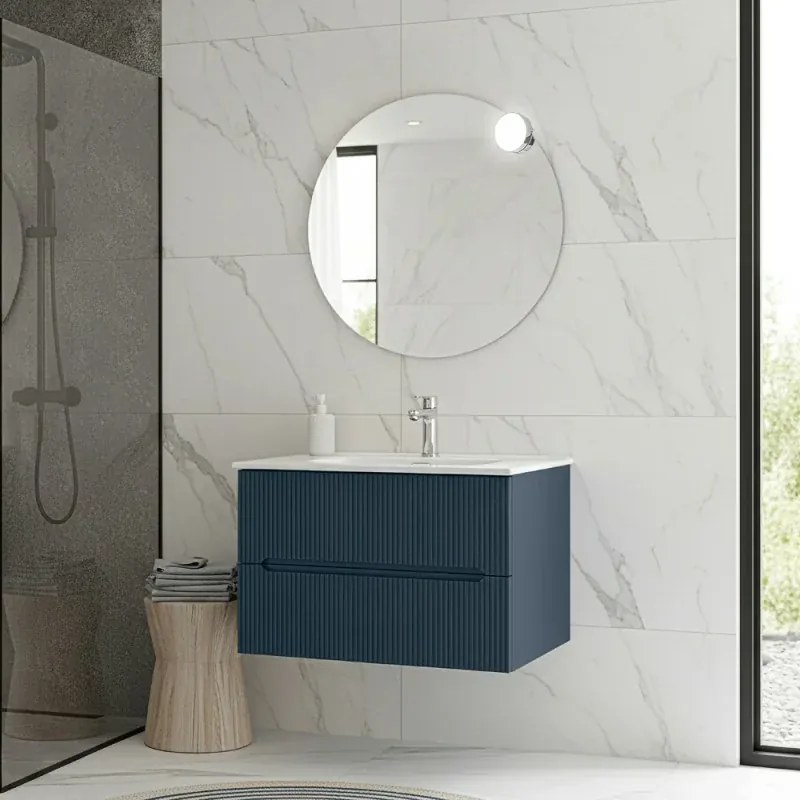 Mobile bagno sospeso 80 cm blu petrolio cannettato con specchio Bali