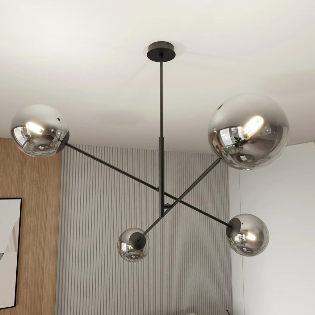 Lampadario 4 Luci Linear In Acciao Nero Con Bracci Regolabili E Vetro Fumè