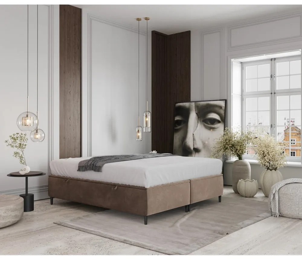 Letto matrimoniale imbottito beige con contenitore 200x200 cm Tate - Maison de Rêve