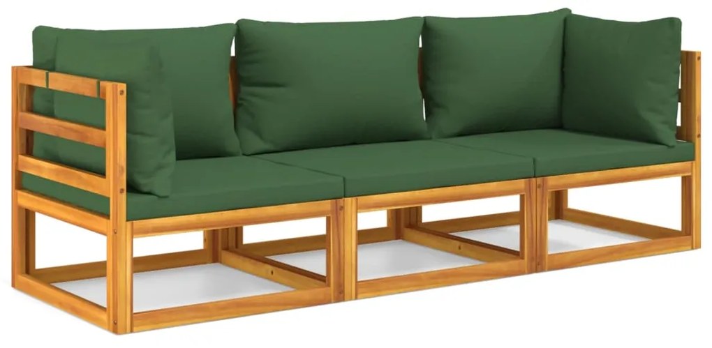 Set salotto da giardino 3pz con cuscini verdi in legno massello