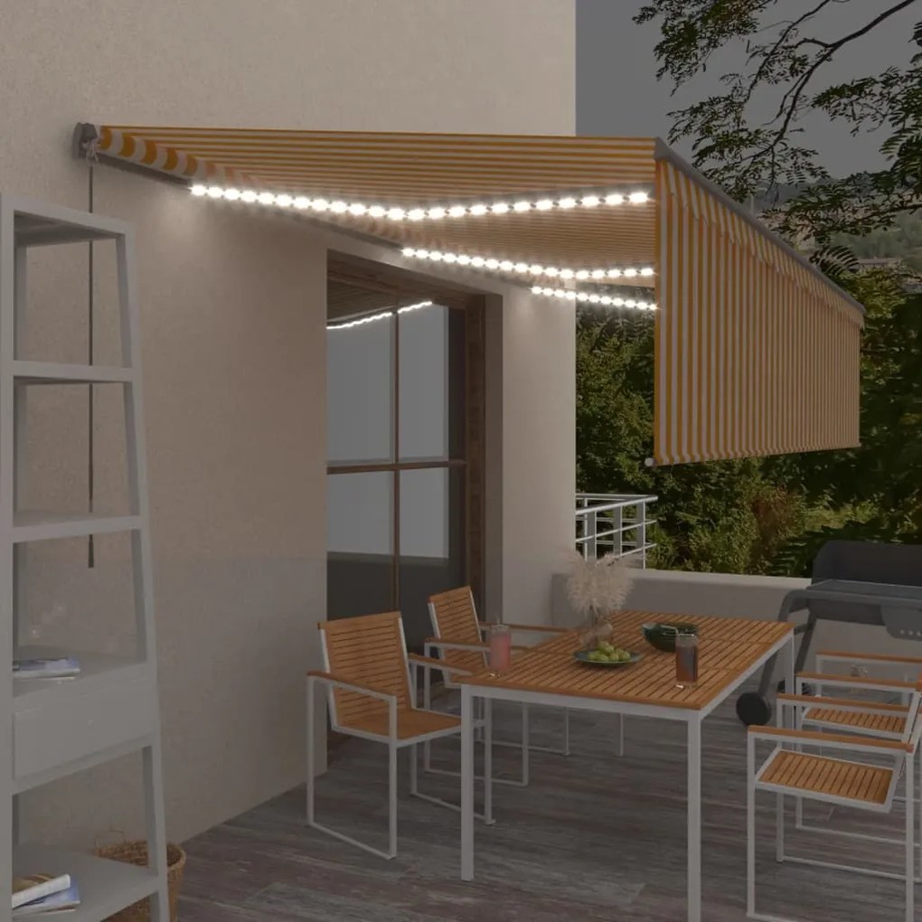 Tenda Sole Retrattile Manuale Parasole E Led 6x3m Gialla Bianca /